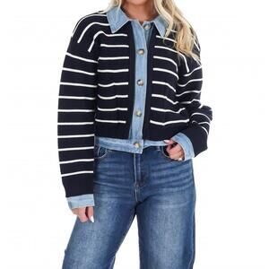 NEW MABLE soho stripe denim cardigan in navy